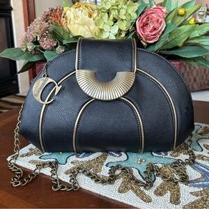 Vintage Chocolate Black Antique Brass Semi Circle Chain Purse 80s Crossbody Bag
